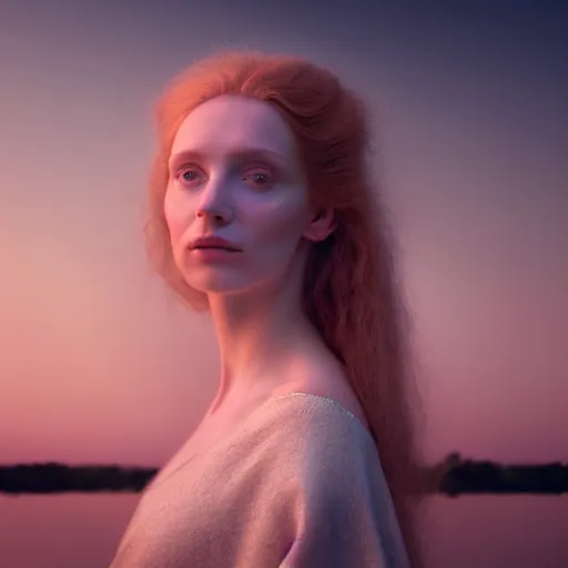 Image similar to photographic portrait of a stunningly beautiful english clairvoyant renaissance female in soft dreamy light at sunset, beside the river, soft focus, contemporary fashion shoot, in a denis villeneuve and tim burton movie, by edward robert hughes, annie leibovitz and steve mccurry, david lazar, jimmy nelsson, extremely detailed, breathtaking, hyperrealistic, perfect face, octane render