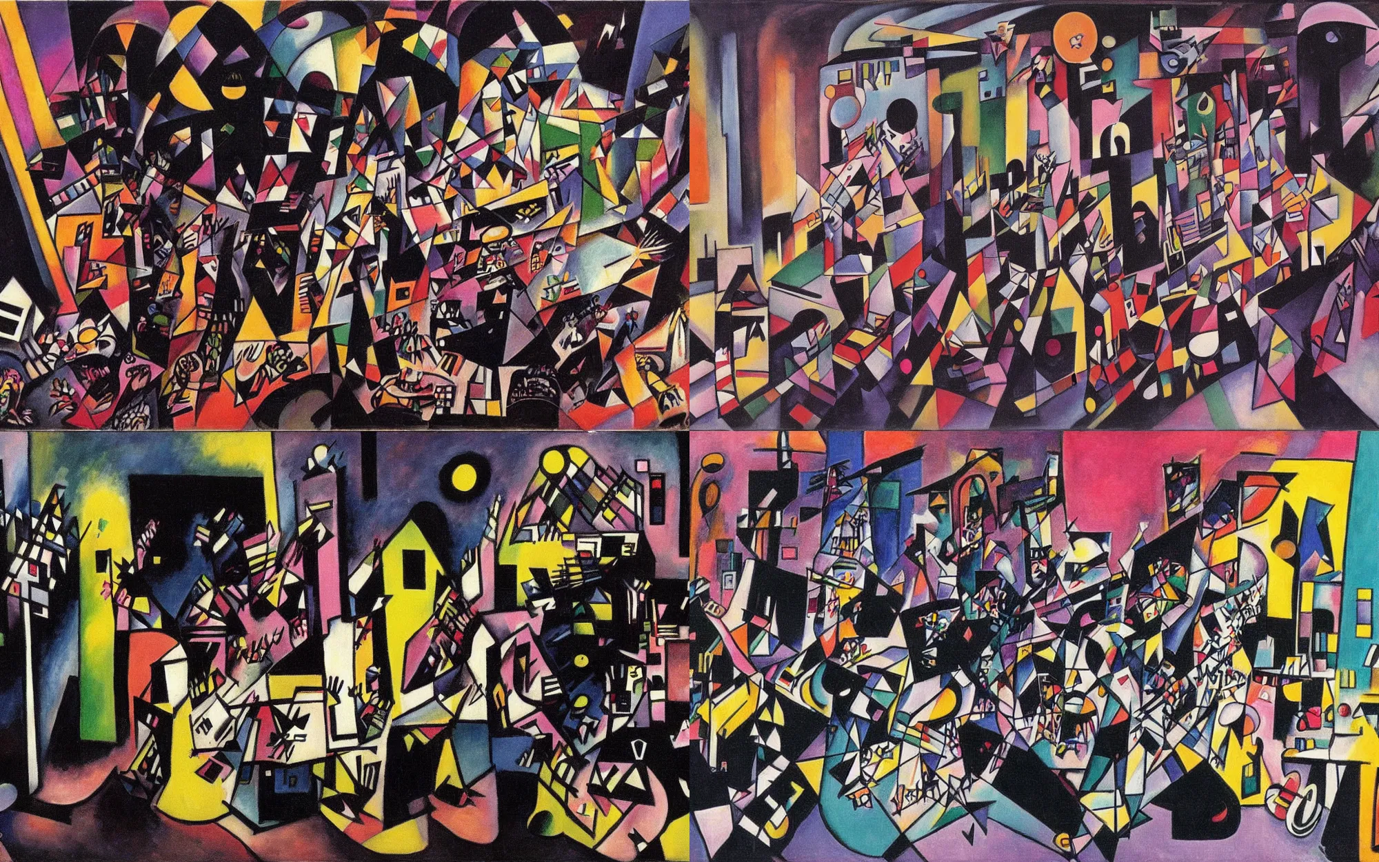 Prompt: A 1980s goth nightclub in Soho, painted by Wassily Kandinsky