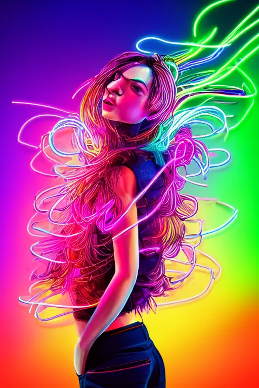 Image similar to a award winning half body portrait of a beautiful woman with stunning eyes in a croptop and cargo pants with rainbow colored ombre hairstyle head in motion and hair flying by thomas danthony, surrounded by whirling illuminated neon lines, outrun, vaporware, shaded flat illustration, digital art, trending on artstation, highly detailed, fine detail, intricate