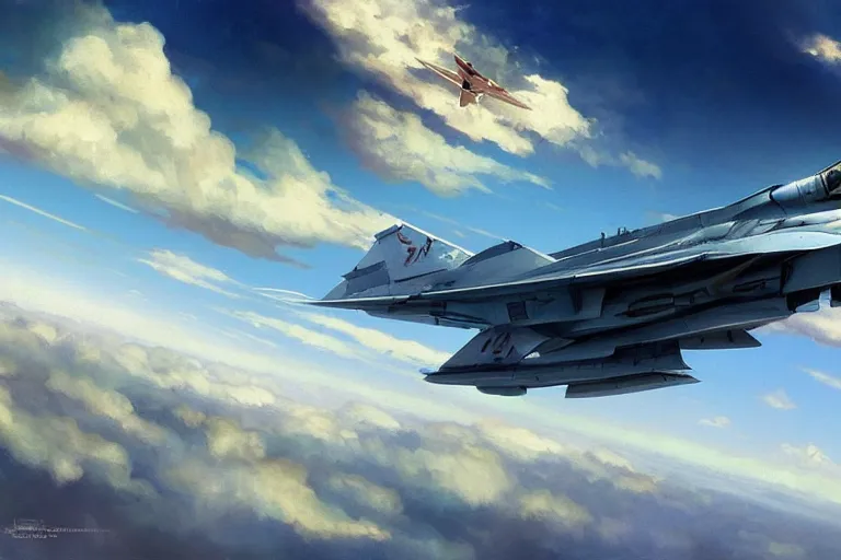 Image similar to Mikoyan MiG-29 flying in the sky, blue sky, white clouds, highly detailed, digital painting, artstation, concept art, sharp focus, illustration, art by artgerm and greg rutkowski and alphonse mucha