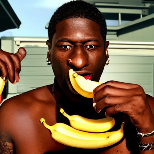 Image similar to angry gucci mane eating bananas in the hood, 8k resolution, full HD, cinematic lighting, award winning, anatomically correct