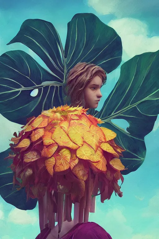 Image similar to closeup, girl with giant flower head, between monsteras, surreal photography, wind and cold, dramatic sky, impressionist painting, digital painting, artstation, simon stalenhag