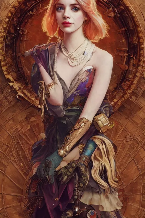 Prompt: a cobination of emma roberts, emma stone and emma watson as a baroque steampunk, augmented cyborg, half body, d & d, fantasy, intricate, elegant, highly detailed, colorful, vivid color, digital painting, artstation, concept art, art by artgerm and greg rutkowski and alphonse mucha and ruan jia