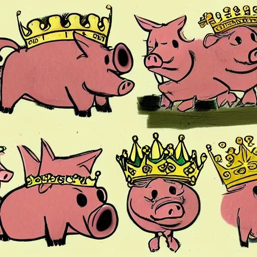 Image similar to concept sketches of a pig wearing a gold crown by Bill Watterson, in the style of 1970s cartoons