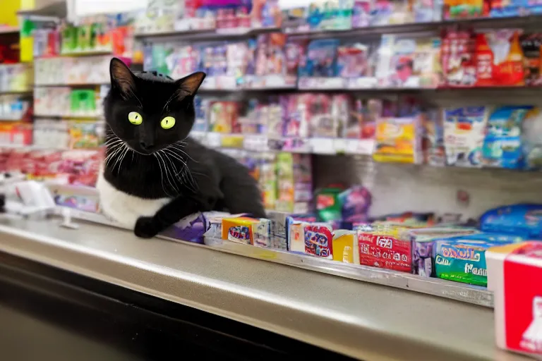 Prompt: cat on the counter in 7 - eleven next to a pack of cigarettes wide angle lens