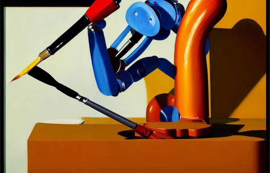 Prompt: beautiful illustration of an artist robotic arm holding a paintbrush and painting on a canvas by Edward Hopper, clean lines, very detailed, colorful octane render