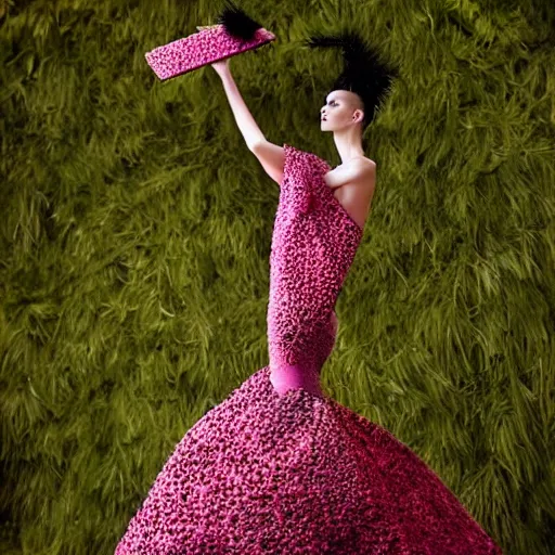 Image similar to photo from below of a fashion model, luxury dress inspired by dragon fruit, official dior editorial, highly detailed