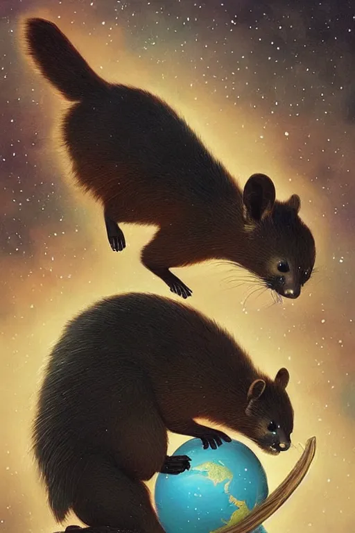 Image similar to giant pine marten in space holding a planet, digital art, trending on artstation, highly detailed, by Greg Rutkowski, by Conrad Roset, by Dan Mumford