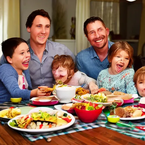 Image similar to an image of a large traditional family sitting around the table for dinner but one of the kids is floating above the table, perfect faces
