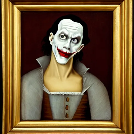 Image similar to a renaissance style portrait painting of The Joker