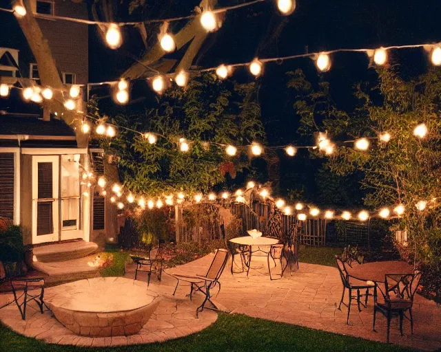 Image similar to a still photo of a backyard at night with fairy lights, house on the left side, warm lighting, tumblr aesthetic