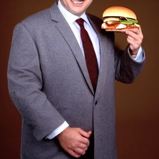 Prompt: clean - shaven smiling white chubby italian american man in his 4 0 s wearing a brown overcoat overcoat overcoat and necktie holding a giant burger, 2 0 0 0 avertising promo shot