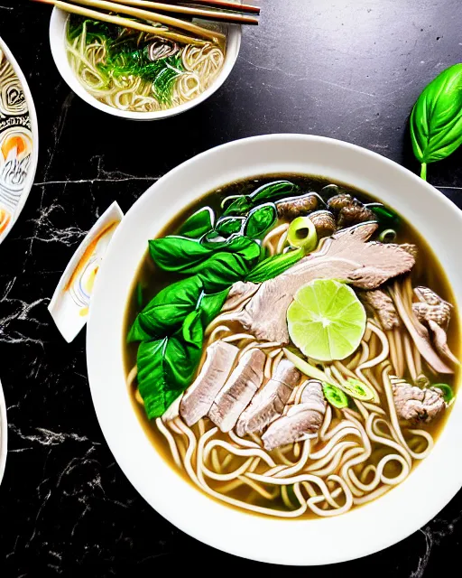 Prompt: realistic photo of delicious pho, ramen, bowl, white kitchen table, ( cloth ), marble, thai basil, highly detailed, by louise lister, sara ali, mary devinat, kailee mandel, masterpiece, award winning, food photography