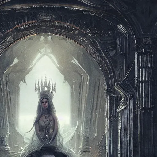 Image similar to of a beautiful black haired woman with pale skin and a crown on her head sitted on an intricate metal throne in eerie atmospheric alien worlds, epic cinematic matte painting, art by greg rutkowski