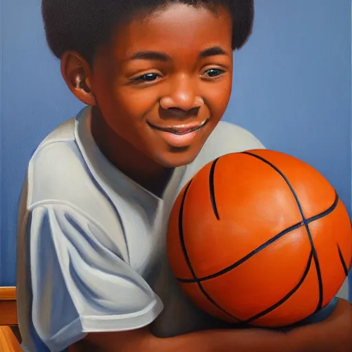 Prompt: a painting of a young boy holding a basketball, a fine art painting by kadir nelson, featured on dribble, american realism, oil on canvas, art, detailed painting