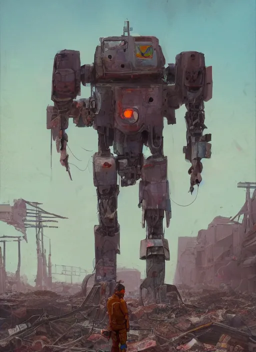 Prompt: a bipedal mech standing among the rubble of a destroyed city by simon stalenhag, artstation, mecha, military, science fiction, digital painting, 4 k