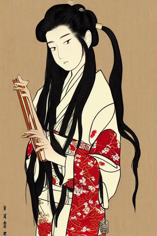 Image similar to portrait of a long haired woman wearing a red kimono playing a biwa in traditional japanese house, delicate, detailed long black hair, detailed flower pattern kimono, elegant, anime key visual, fukaya yuichiro