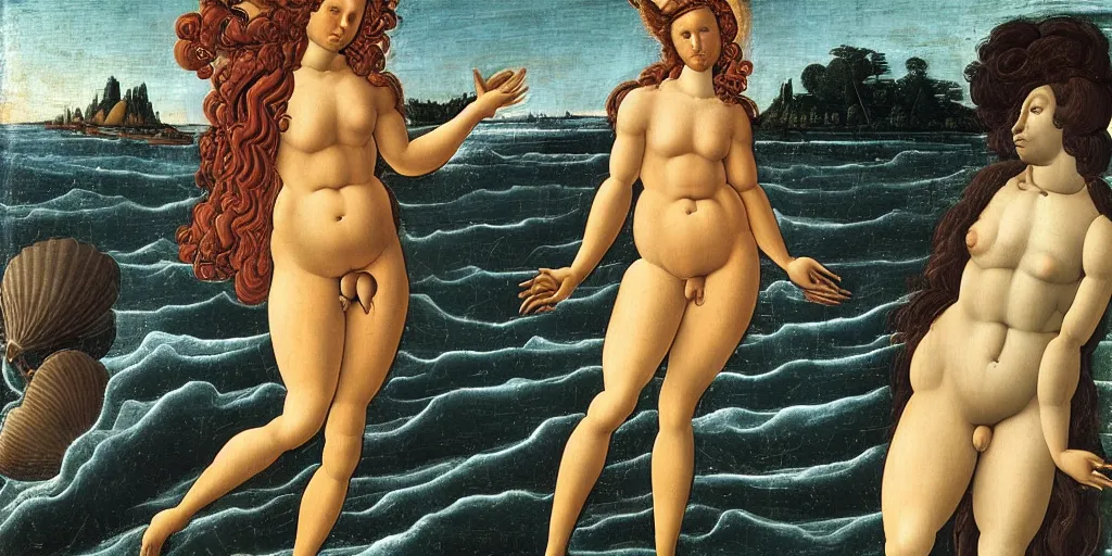 Image similar to Botticelli Venus as a Black woman rising from the sea on a shell, accurate face