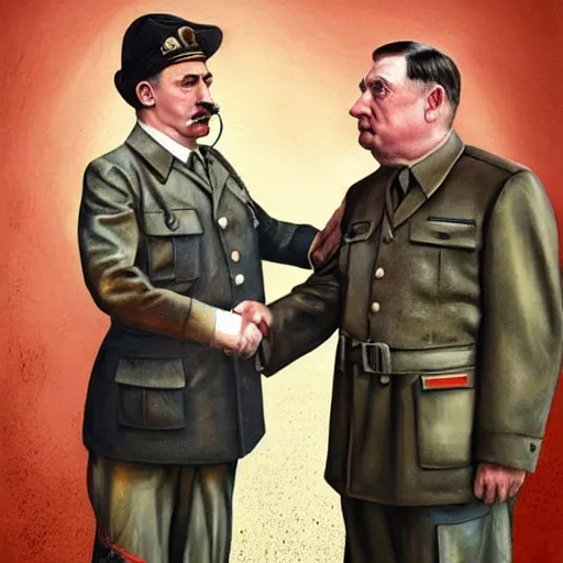 Image similar to hyperrealistic mixed media high resolution painting of James Franco disguised as Adolf Hitler shaking hands with John Goodman, stunning 3d render inspired art by István Sándorfi and Greg Rutkowski and Unreal Engine, perfect facial symmetry, dim volumetric lighting, 8k octane beautifully detailed render, full body shot, post-processing, extremely hyper-detailed, intricate, epic composition, highly detailed attributes, highly detailed atmosphere, cinematic lighting, masterpiece, trending on artstation, very very detailed, masterpiece, stunning, flawless structure, lifelike texture, perfection,