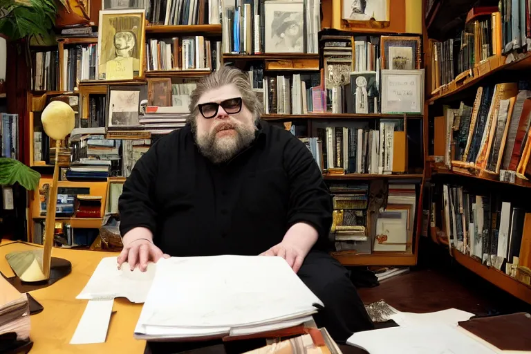 Prompt: monster guillermo del toro sat in an office