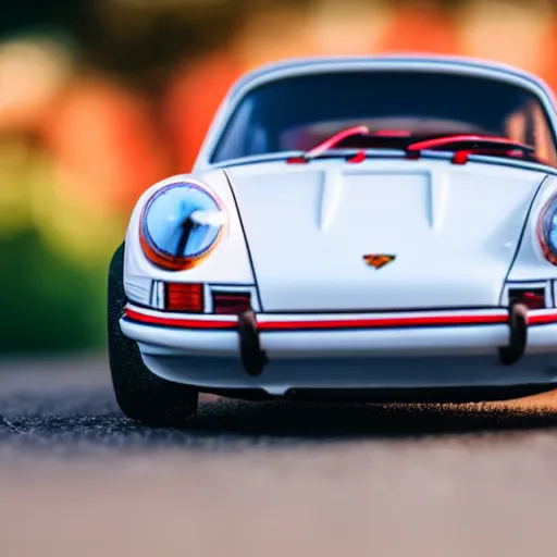 Image similar to close up photo of a small toy porsche 9 1 1 9 6 4 on a road stripe, cinematic, shallow dof, 3 5 mm, 4 k, macro