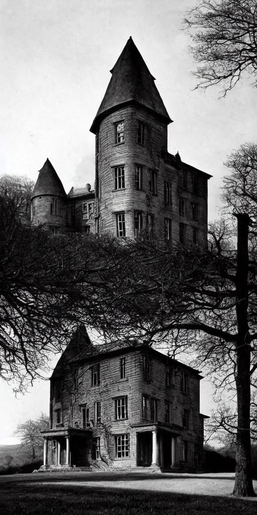 Image similar to Hill House, not sane, stood by itself against its hills, holding darkness within; it had stood so for eighty years and might stand for eighty more. Within, walls continued upright, bricks met neatly, floors were firm, and doors were sensibly shut; silence lay steadily against the wood and stone of Hill House, and whatever walked there, walked alone