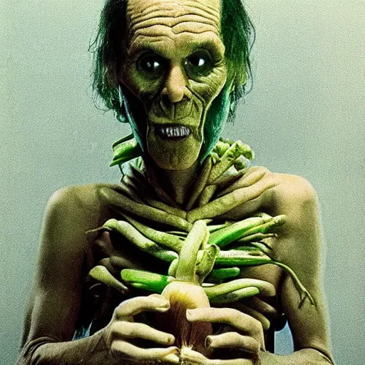 Prompt: a movie still of vegetable man hybrid by walerian borowczyk, by john carpenter, by david cronenberg, portrait, heavy grain, technicolor, high definition, remastered, portrait, cinematic lightning, argentic, scratches, old, highly detailed, realistic