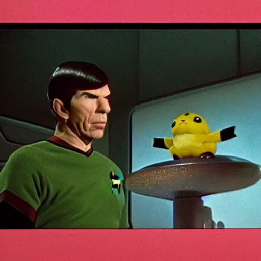 Prompt: Spock analyzing Pikachu on a distant plant, still frame from star Trek