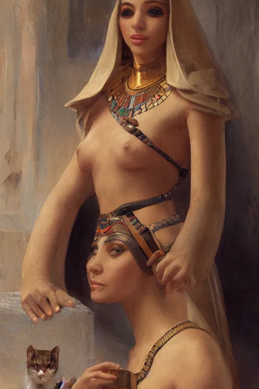 Image similar to soft light portrait of the beautiful egyptian goddess, bastet, bast, woman / cat hybrid, soft torchlight in an egyptian tomb, digital art by ruan jia and mandy jurgens and artgerm and william - adolphe bouguereau, by jean - leon gerome, highly detailed, trending on artstation, award winning,