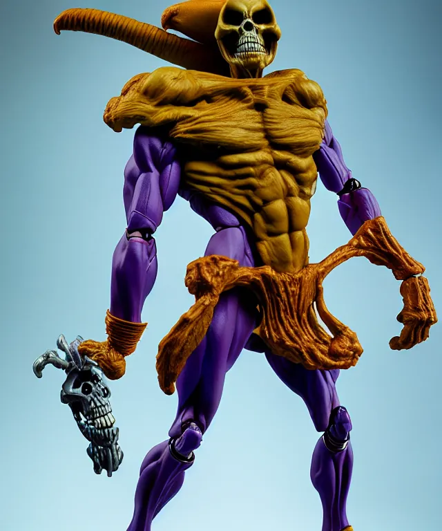 Image similar to hyperrealistic rendering, skeletor, by art of skinner and richard corben and jeff easley, product photography, action figure, sofubi, studio lighting, colored gels