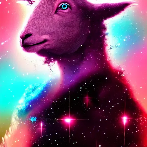 Prompt: portrait from a lamb, feathers, bird, avian, wings, synthwave, universe background, nebula, galaxy, artstation