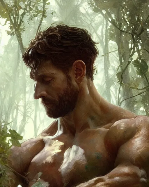 Image similar to god of the forest, 3 0 years old, rugged, male, gorgeous, detailed face, amazing, thighs!!!!!!, muscular, intricate, highly detailed, digital painting, artstation, concept art, sharp focus, illustration, art by greg rutkowski and alphonse mucha