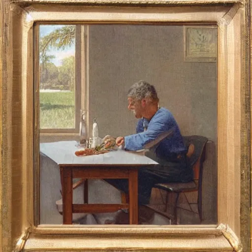 Prompt: man sitting at table, normal rockwell