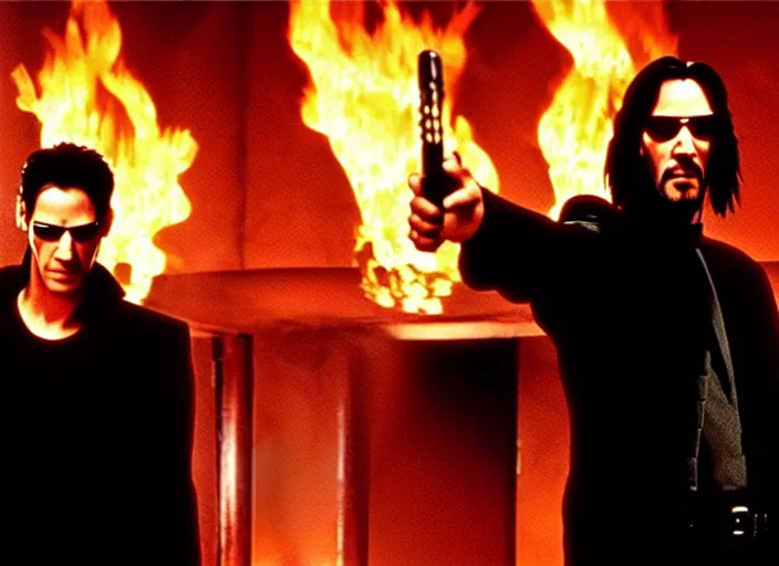 Image similar to Film still of Keanu Reeves as Neo in The Matrix movie doing a thumb up to the camera in front on burning servers, servers in flames in the background, doing a thumb up, The Matrix servers on fire, uncropped, full body, crispy, symmetrical face, ultra detailed, cinematic