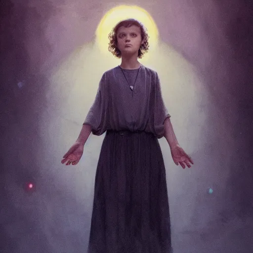 Prompt: Millie Bobby Brown from Stranger Things facing the camera with her hand outstretched with things floating all around her, fullbody, intricate, highly detailed, artstation, concept art, smooth, sharp focus, illustration, art by greg rutkowski and orientalism and bouguereau and Zdzislaw Beksinski, good clear quality, lighting, biology, symmetrical artwork, perfect face, 135 mm, cinematic, hyper realism, high detail, octane render, 8k, chrome accents