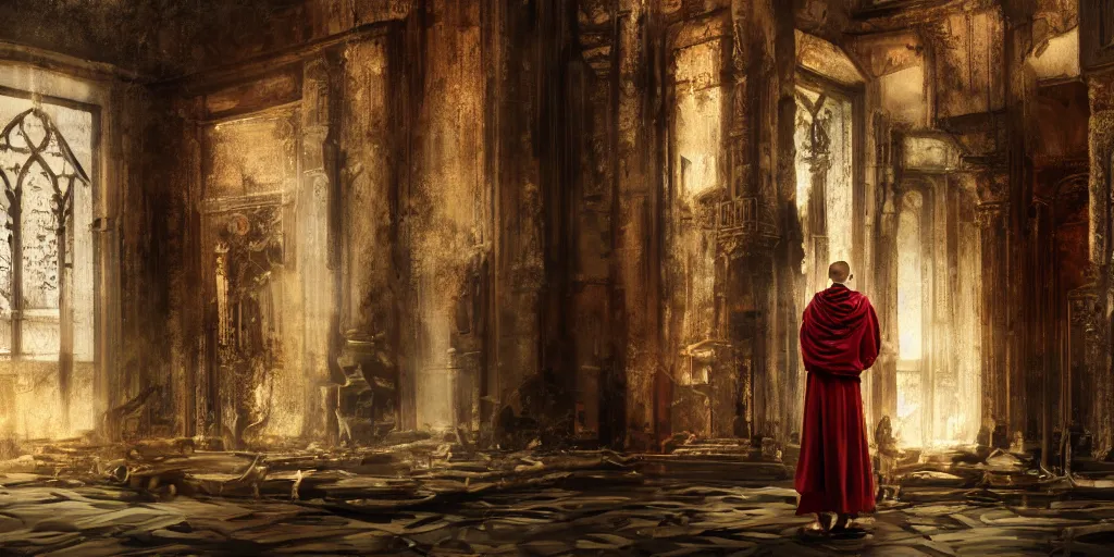 Prompt: gloomy painting of monk in biopunk costume standing in doors inside ruined catholic cathedral interiors with walls painted in khokhloma style, gold, red and black, wide angle, 24mm, 8k resolution, detailed, realistic, digital art, very beautiful, award winning, matte painting