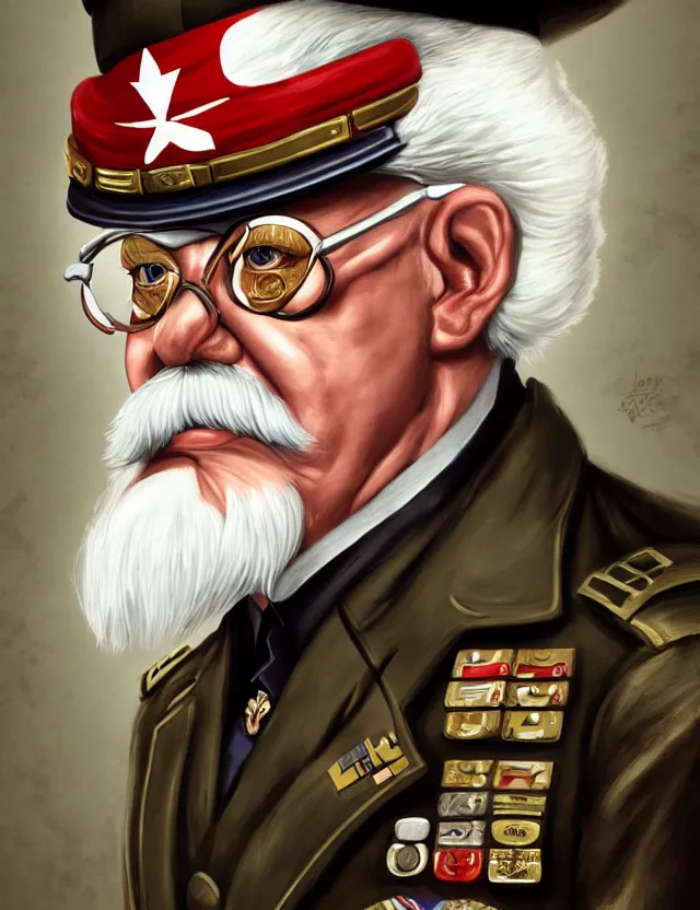 Image similar to a portrait of colonel sanders wearing a military uniform and an eyepatch, by moebius and tyler edlin and hr giger, trending on artstation, digital art, 4 k resolution, detailed, high quality, sharp focus, hq artwork, coherent, insane detail, concept art