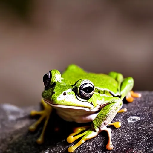 Image similar to closeup of a frog sitting on a stone in a forest, wildlife photography