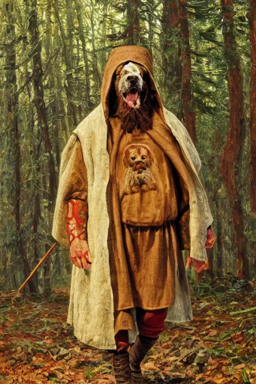 Prompt: Slavic dog head man, woolen torso in medieval clothes, walking in the forest, Orthodox Saint Christopher, oil painting, magic lights, painting by Viktor Vasnetsov, concept art, painting by Ivan Shishkin, hyperborea, hyperrealism, beautiful, high resolution, trending on artstation,