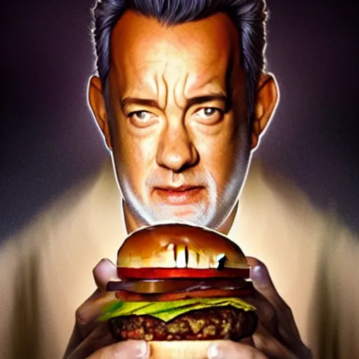 Prompt: portrait of Tom Hanks eating hamburgers, extra onions and ketchup, luscious patty with sesame seeds, ethereal, holy sacred light rays, handsome, D&D, fantasy, intricate, elegant, highly detailed, digital painting, artstation, concept art, matte, sharp focus, illustration, art by Artgerm and Greg Rutkowski and Alphonse Mucha