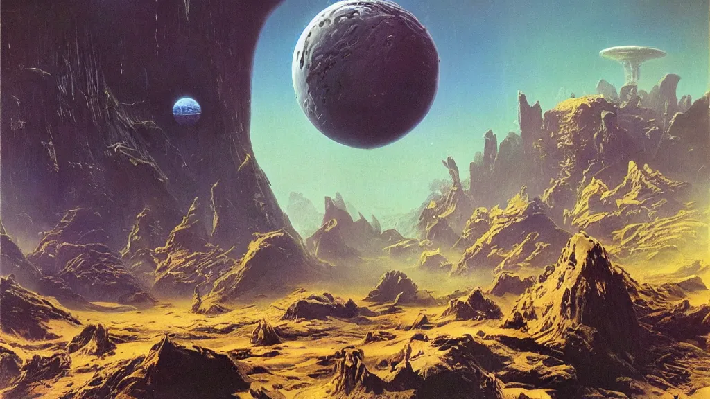 Image similar to surreal eerie alien planet empire by frank frazetta and bruce pennington, cinematic matte painting