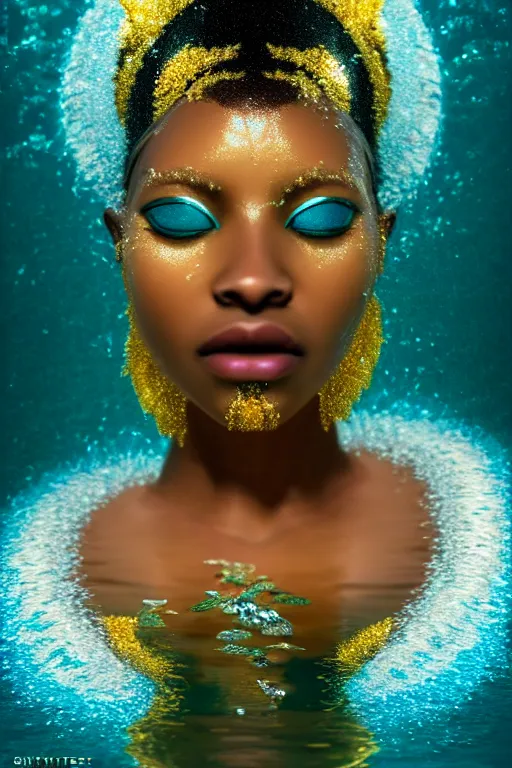 Image similar to hyperrealistic magic realism cinematic very beautiful! black oshun goddess with white! iris, in water, yoruba body paint, mirror dripping droplet!, gold flowers, highly detailed face, digital art masterpiece, smooth robert steven connett eric zener dramatic teal light, ground angle uhd 8 k, sharp focus