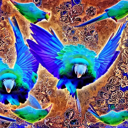 Image similar to blue parrots emerging from fluids mixing, atmospheric liquids, ornate intricate, hyper realistic, 16k, post processing, saturated blue colors, nature background