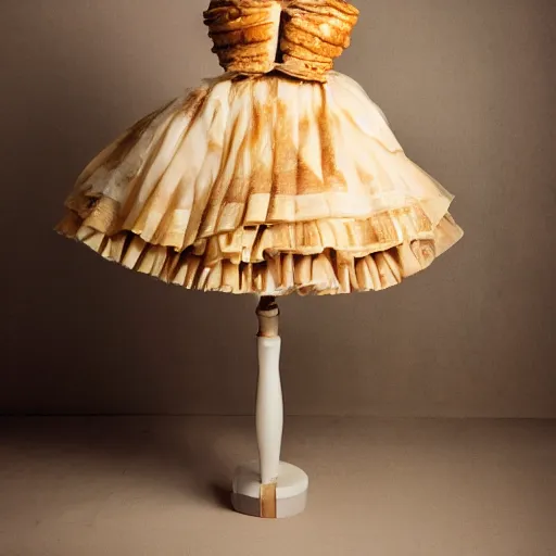 Image similar to a beautiful dress made out of apple pie, on a mannequin. high quality, high resolution, studio lighting