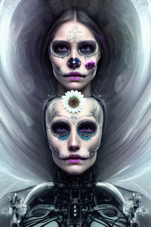 Image similar to ultra detailed portrait of a female android, eyes closed, 8 k, sci - fi, flowerpunk, fantasy, moody, calm, ( dia de los muertos ), asymmetrical, intricate concept art, art by artgerm and giger and michael welan and alphonse mucha and loish and wlop