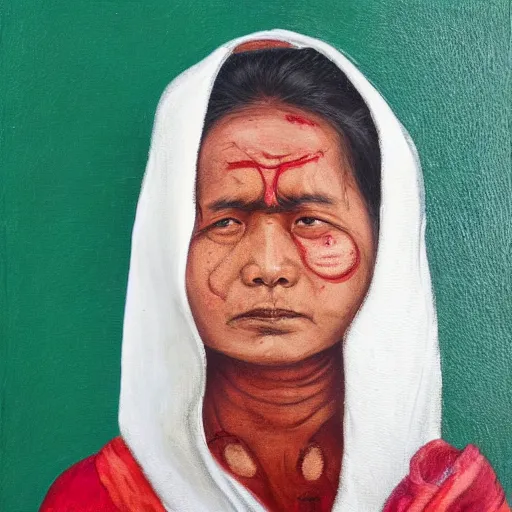 Prompt: a nepali woman wearing a white shawl, sad, bloody, tears, oil painting