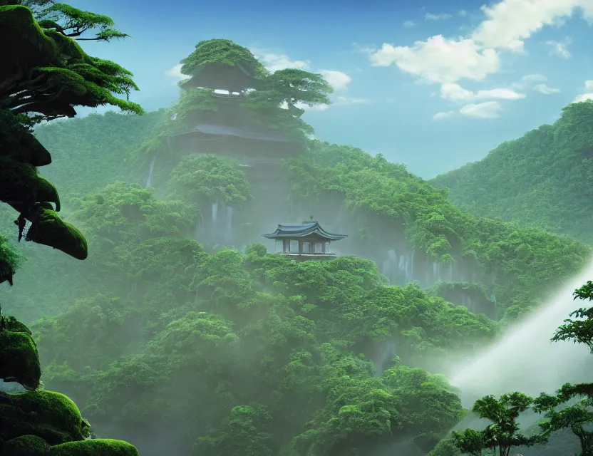 Image similar to a cinematic widescreen photo of epic ancient japanese temples with hot springs on the top of a mountain in a misty bamboo cloud forest with colossal waterfalls at dawn by lee madgewick and studio ghibli and roger dean