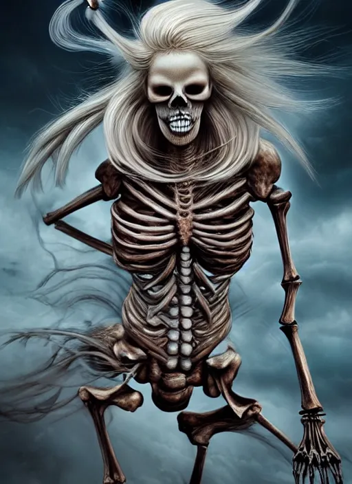 Image similar to realistic detailed image of a female skeleton warrior blonde hair blowing in an angry and stormy battle scene, anime art, anime, inspired by H.R. Giger and Zdzislaw Beksinski and Mark Ryden, gothic, rich deep colors. A masterpiece, matte painting, digital art, trending on artstation.