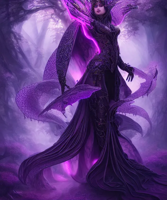 Prompt: ultra detailed, magical realism, portrait painting, of the beautiful empress in black dragon armor within the enchanted purple forest, glowing purple, volumetric lighting, illusion, intricate details, by ross tran.