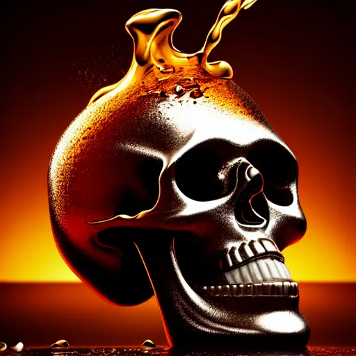 Image similar to chrome skull with molten chocolate being poured over it, hyperrealistic, beautiful reflections, extreme detail, photo, cinema 4 d, octane, artstation, cgsociety,